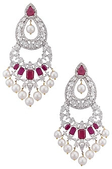 Gold plated white sapphire, ruby and shell pearl long earrings