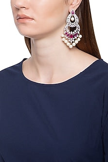 Gold plated white sapphire, ruby and shell pearl long earrings