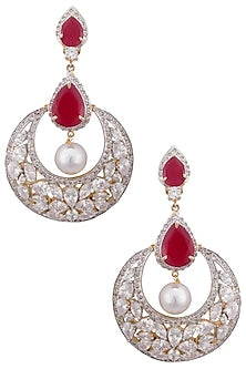 Gold plated white sapphire, ruby and shell pearl earrings
