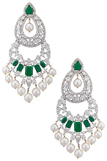 Gold plated white sapphire, emerald and shell pearl long earrings