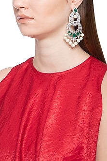 Gold plated white sapphire, emerald and shell pearl long earrings