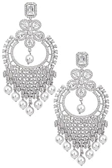 Silver plated white sapphire and shell pearl long earrings