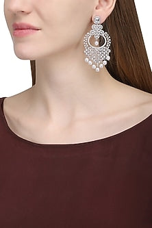 Silver plated white sapphire and shell pearl long earrings