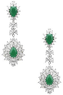 Rhodium Finish White Sapphires and Emerald Stone Earrings