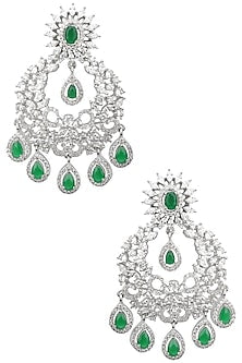 Rhodium Finish White Sapphires and Emerald Stone Chandbali Earrings