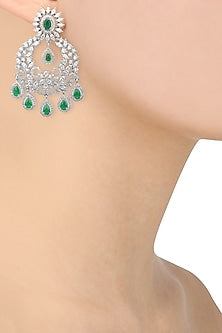 Rhodium Finish White Sapphires and Emerald Stone Chandbali Earrings