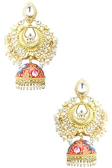22K Gold Finish Kundan and Pearls Enamelled Earrings
