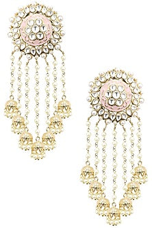 22K Gold Finish Kundan and Pink Enamel Bridal Earrings