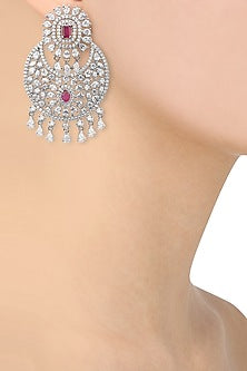 Rhodium Finish Ruby and White Sapphire Cocktail Earrings
