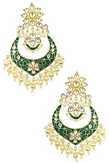 22K Gold Finish Kundan and Green Enamel Chandbali Earrings