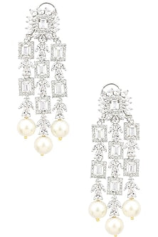 Rhodium Finish White Sapphire and Pearl Drops Earrings