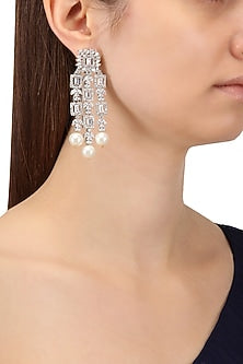 Rhodium Finish White Sapphire and Pearl Drops Earrings