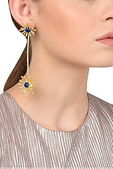Gold Plated Long Blue Semi Precious Studded Earrings