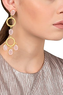 Gold Plated Long Pink Studded Earrings