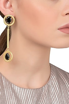 Gold Plated Black Semi Precious Stone Studded Earrings