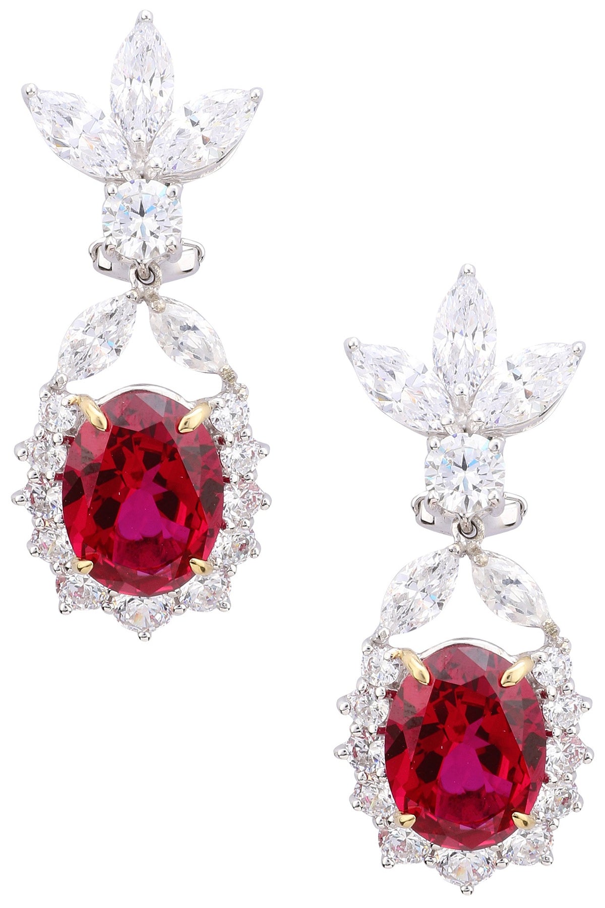 Rhodium Finish Zircons and Ruby Earrings