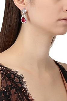 Rhodium Finish Zircons and Ruby Earrings
