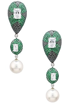 Rhodium Finish Zircons and Pearl Drop Earrings