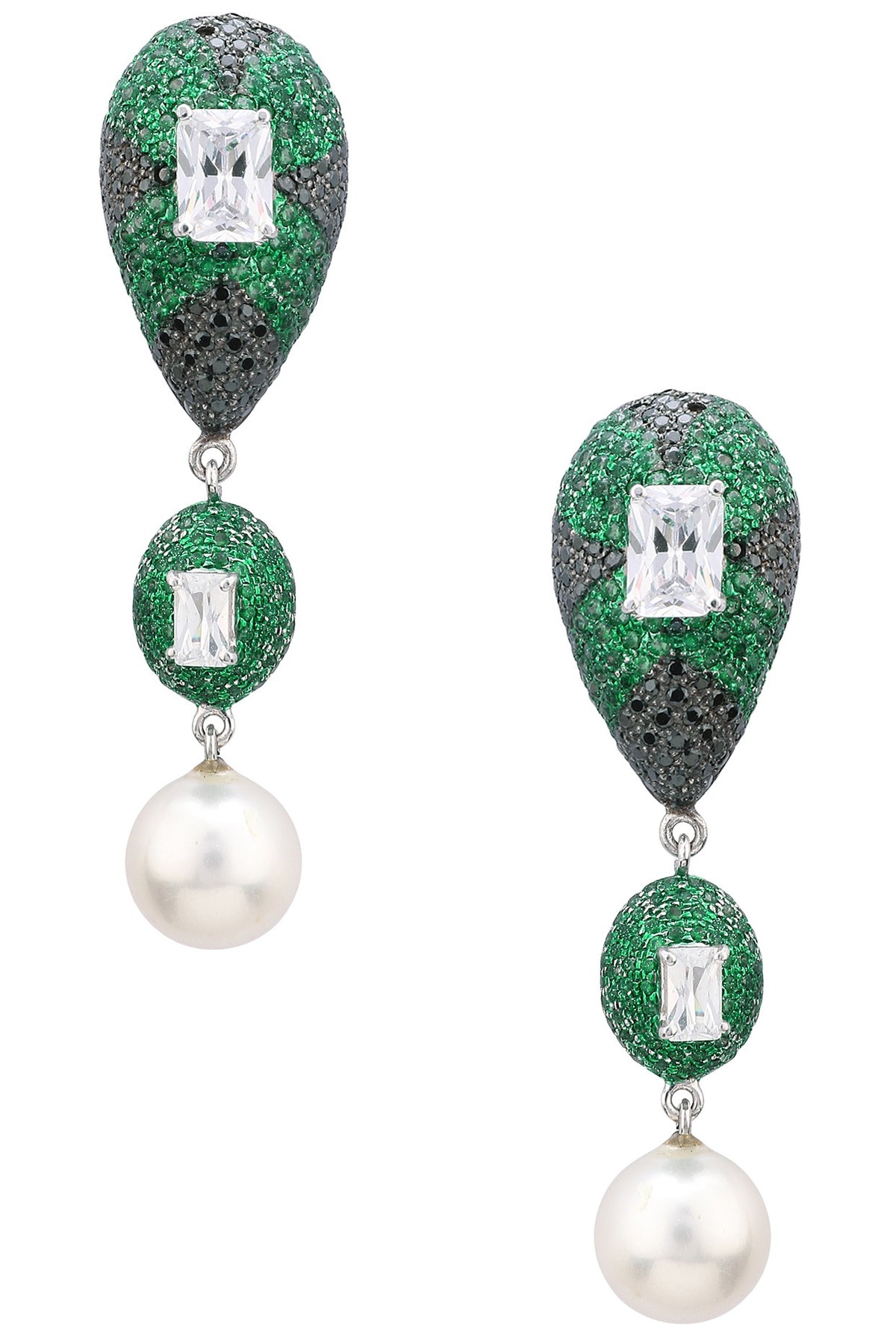 Rhodium Finish Zircons and Pearl Drop Earrings