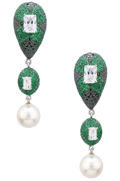 Rhodium Finish Zircons and Pearl Drop Earrings