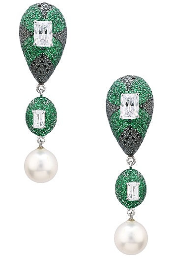 Rhodium Finish Zircons and Pearl Drop Earrings