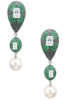 Rhodium Finish Zircons and Pearl Drop Earrings