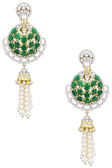 Rhodium Finish Zircons, Pearl and Emerald Stone Earrings