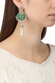 Rhodium Finish Zircons, Pearl and Emerald Stone Earrings