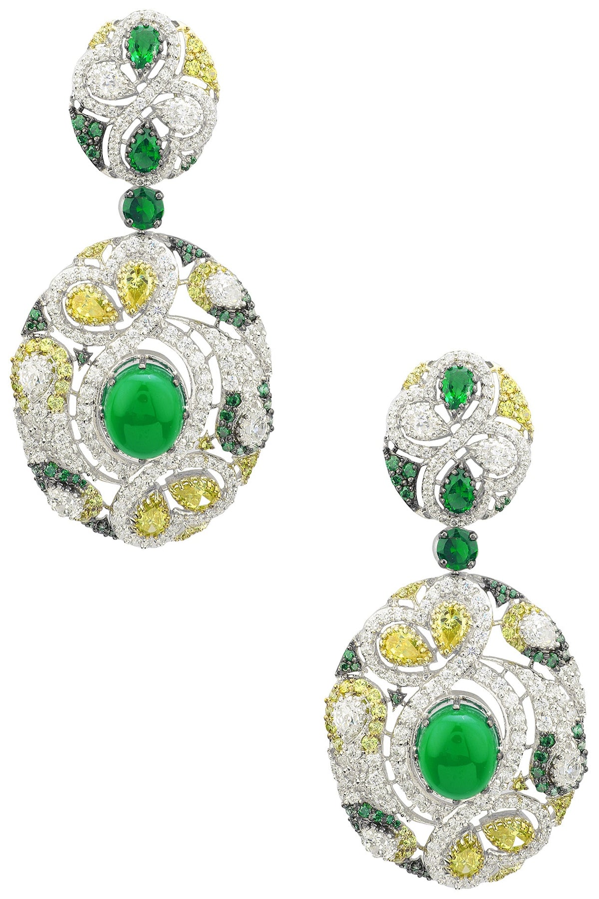 Rhodium and Gold Dual Finish Zircons and Green Stones Earrings