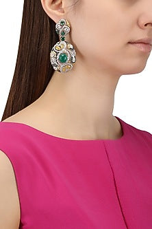 Rhodium and Gold Dual Finish Zircons and Green Stones Earrings