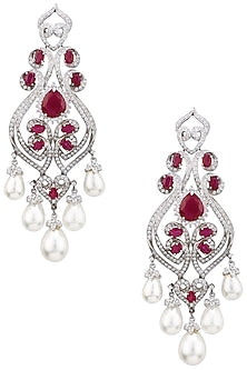Rhodium Finish Zircons, Ruby and Pearl Earrings