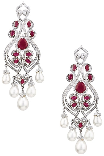 Rhodium Finish Zircons, Ruby and Pearl Earrings