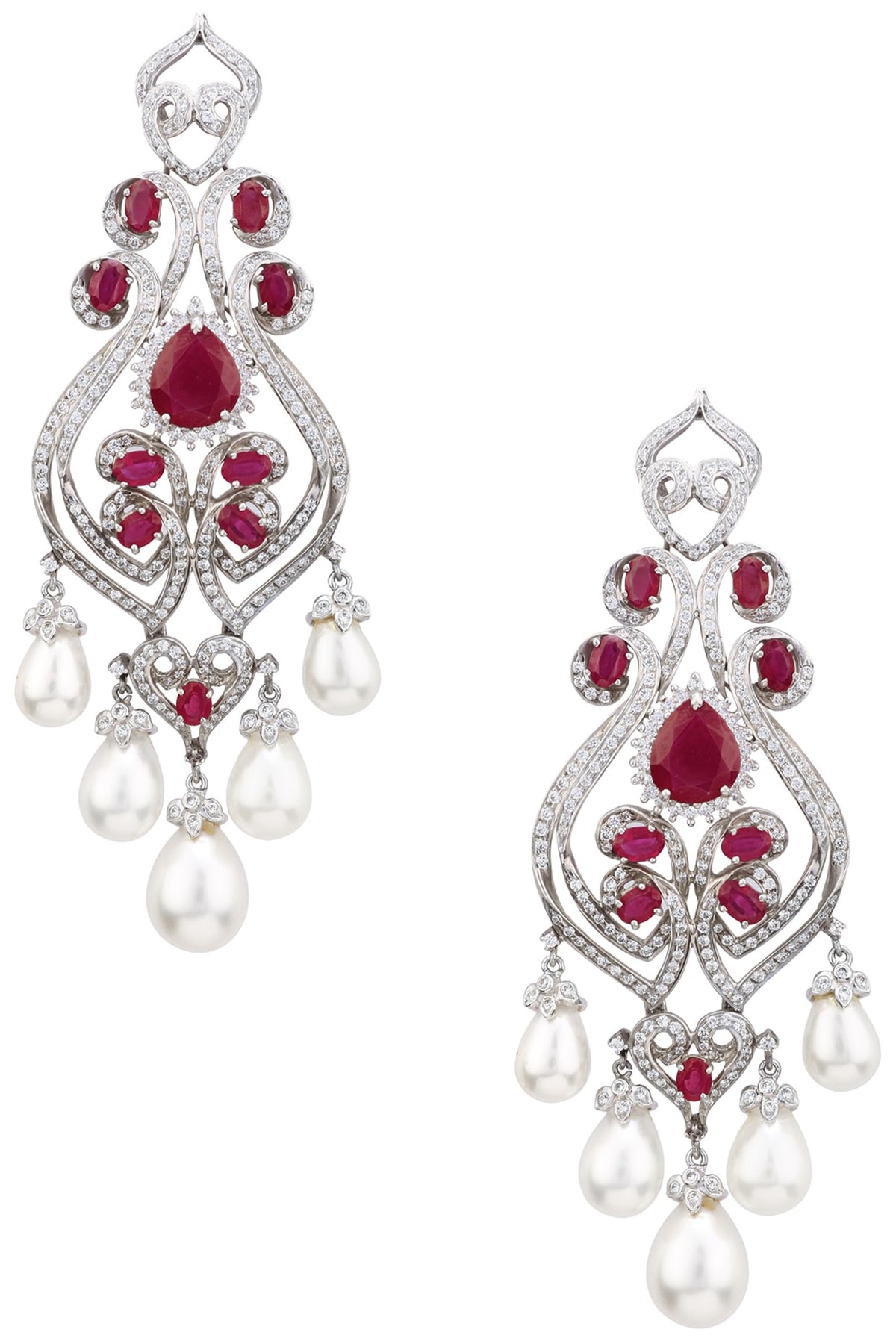 Rhodium Finish Zircons, Ruby and Pearl Earrings