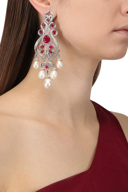Rhodium Finish Zircons, Ruby and Pearl Earrings