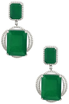 Rhodium Finish Zircons and Emerald Stone Drop Earrings
