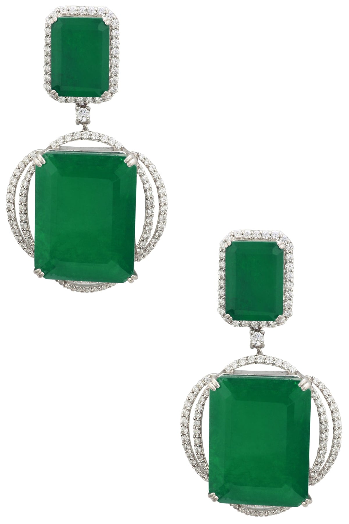 Rhodium Finish Zircons and Emerald Stone Drop Earrings
