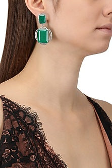 Rhodium Finish Zircons and Emerald Stone Drop Earrings