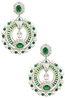 Rhodium and Gold Dual Finish Zircons and Emerald Stone Earrings