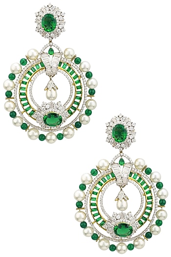 Rhodium and Gold Dual Finish Zircons and Emerald Stone Earrings