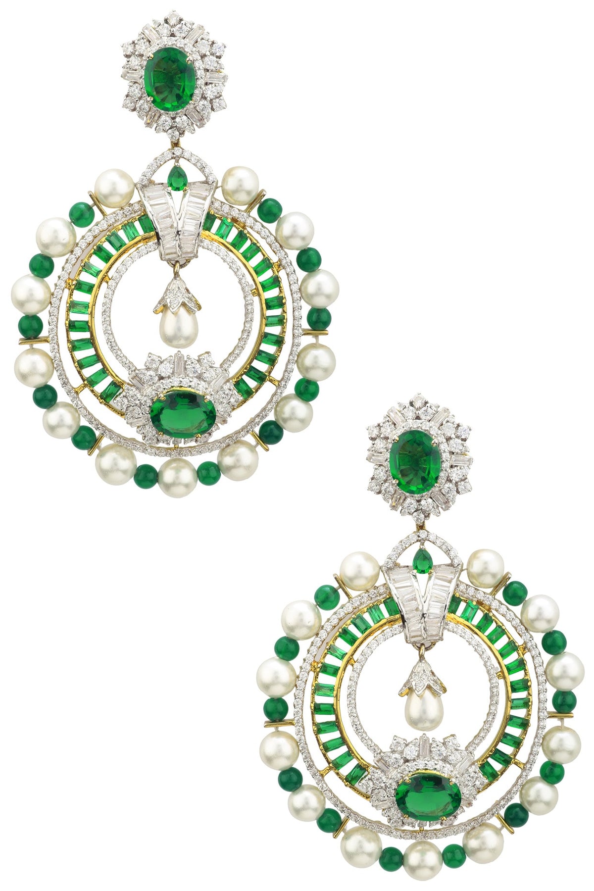 Rhodium and Gold Dual Finish Zircons and Emerald Stone Earrings