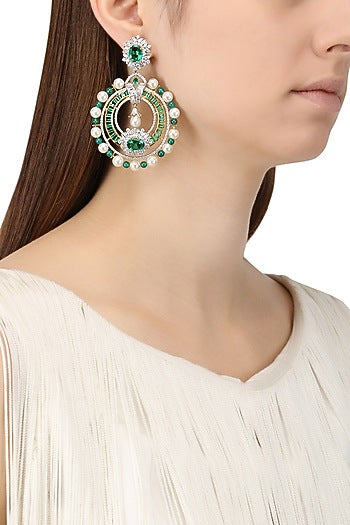 Rhodium and Gold Dual Finish Zircons and Emerald Stone Earrings