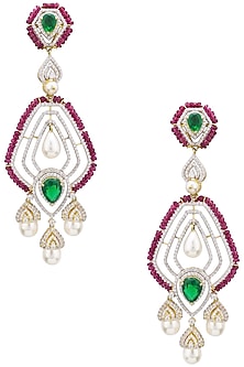Rhodium Plated Zircons, Emerald and Ruby Earrings