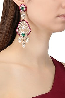 Rhodium Plated Zircons, Emerald and Ruby Earrings