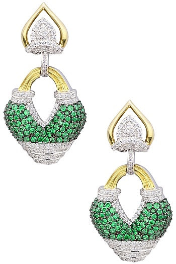 Rhodium Finish White and Green Zircons Earrings