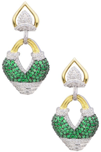 Rhodium Finish White and Green Zircons Earrings