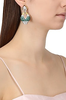 Rhodium Finish White and Green Zircons Earrings