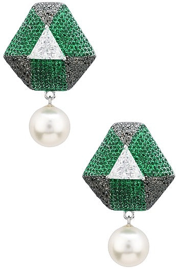 Rhodium Finish Zircons and Pearl Earrings