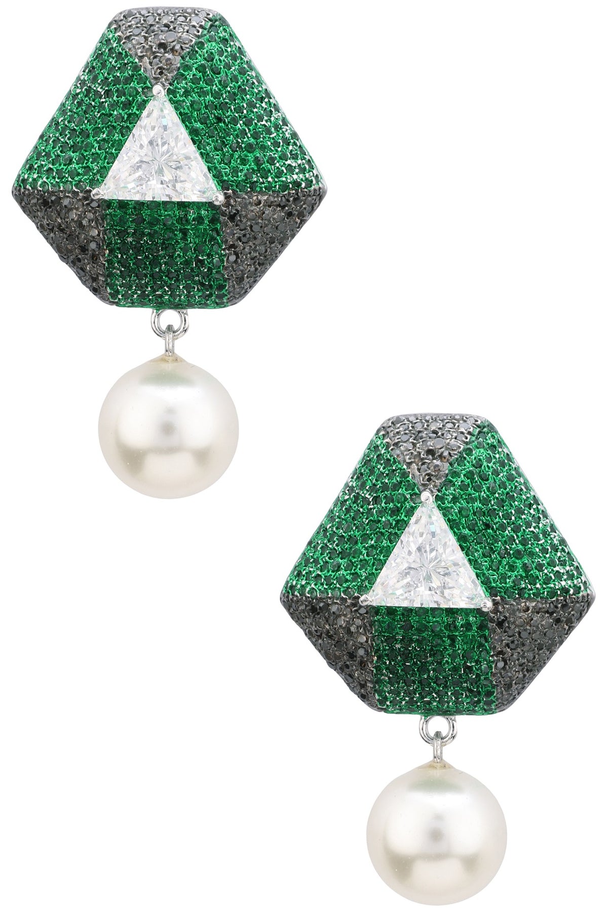 Rhodium Finish Zircons and Pearl Earrings