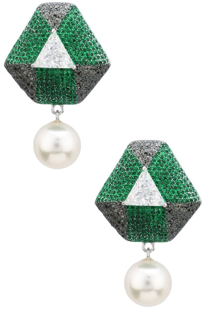 Rhodium Finish Zircons and Pearl Earrings