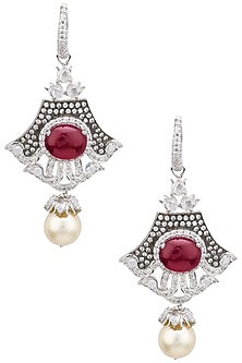 Rhodium Plated Zircons, Ruby and Pearl Earrings